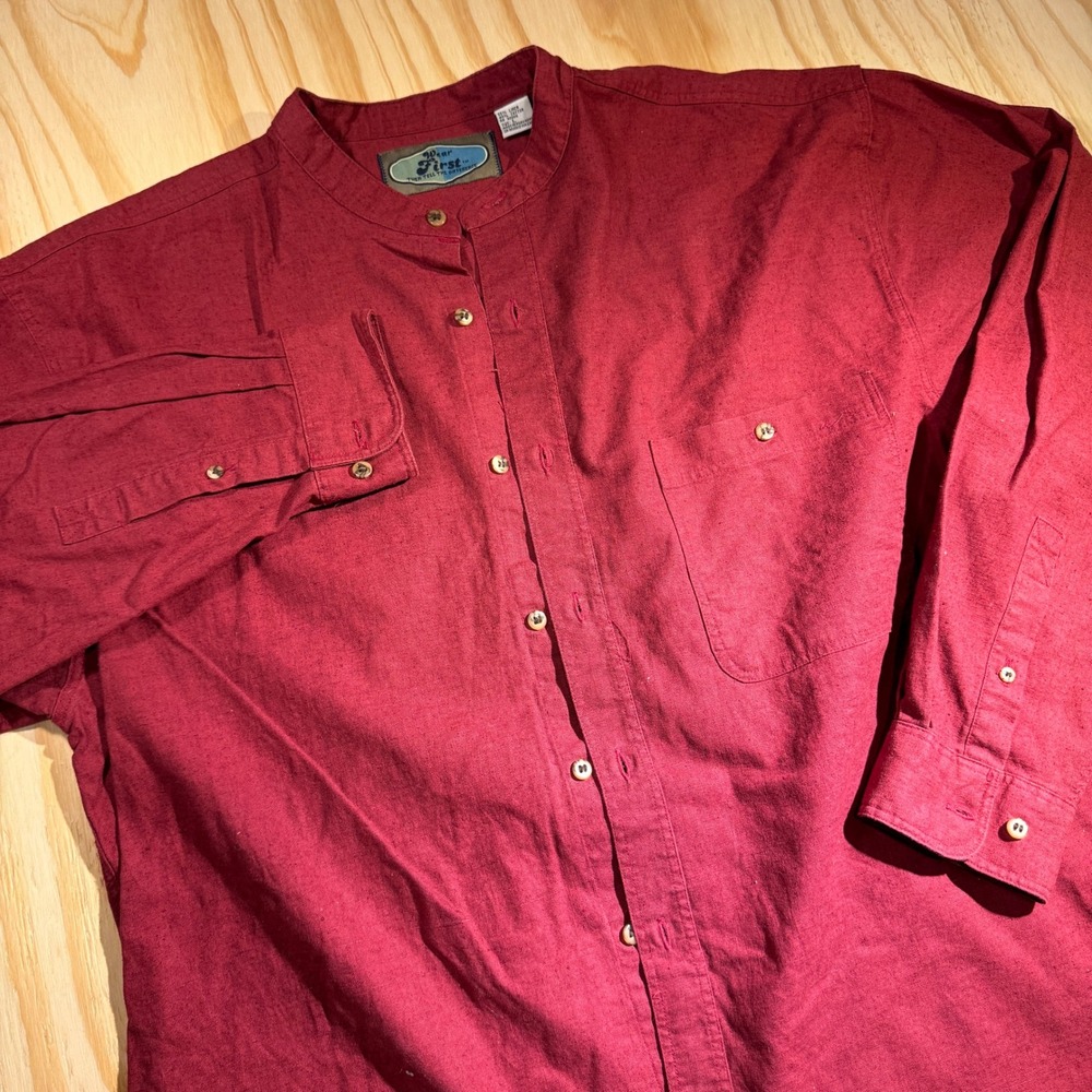 Wear First Men's L Red Linen Blend Banded Collar Long Sleeve Button Down Shirt